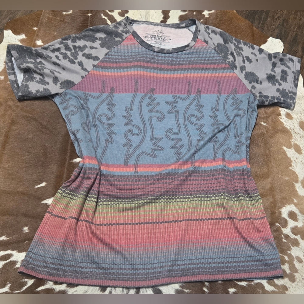 Crazy Train Multicolor Serape Boot Stitch Cow Print Short Sleeve Tee